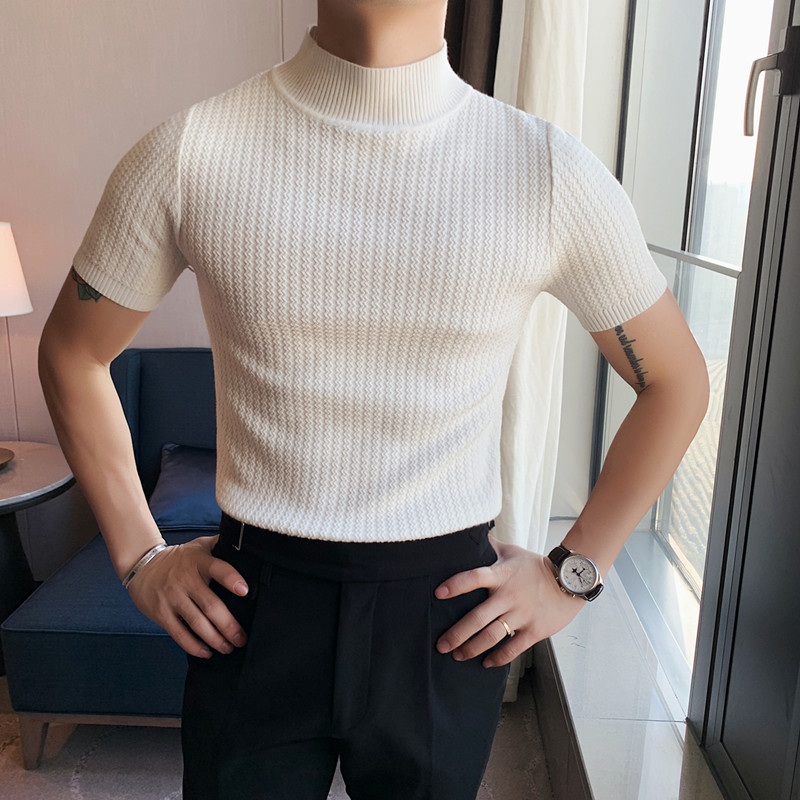 Autumn New Short Sleeve Knitted Sweater Men Clothing 2022 All Match Slim Fit Stretched Turtleneck Casual Pull Homme Pullovers